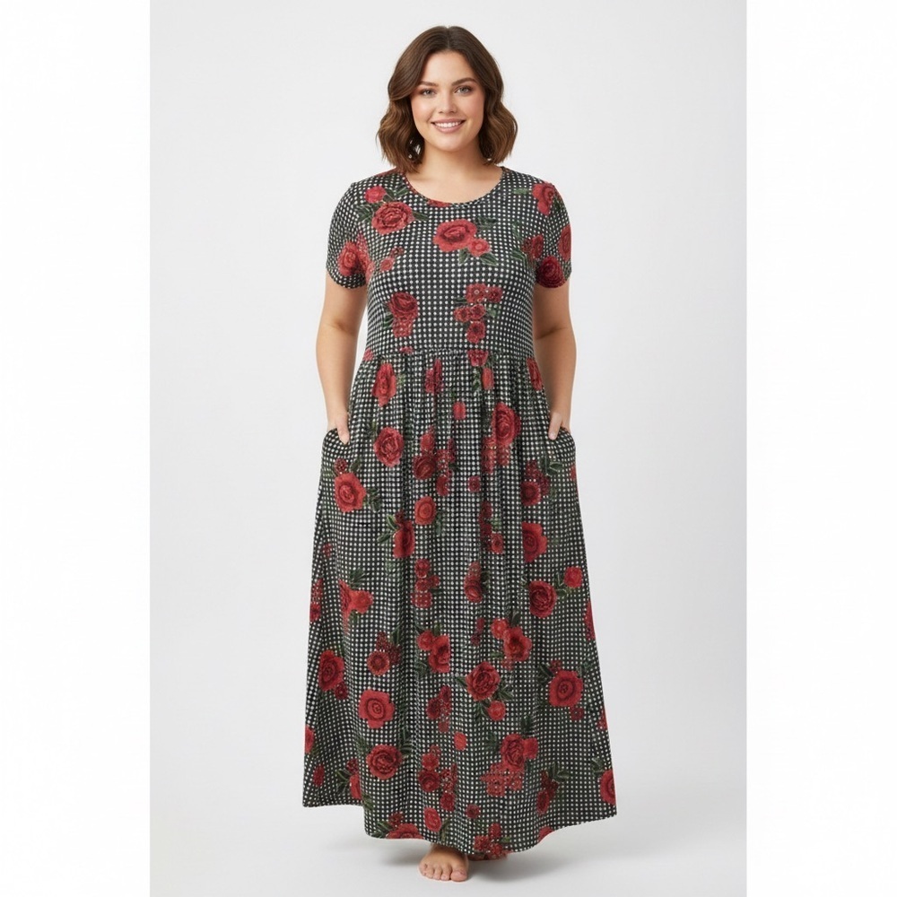 Hybrid Company Plus Size 1X Gingham Floral Maxi Dress Pockets Made USA